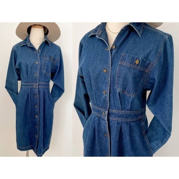 Vintage Jerell Denim Button Front MIDI Dress 70s Style Jumpsuit - Picture 1 of 10